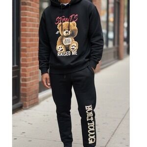 3Forty Streets Teddy Bear Hoodie Sweatpants Set Black Built Tough Raised Me M XL